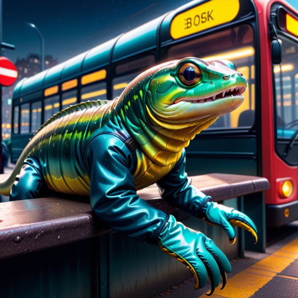 Illustration of a eel in a gloves on the bus stop