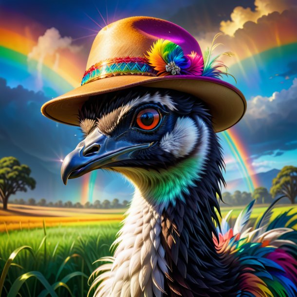 Drawing of a emu in a hat on the rainbow