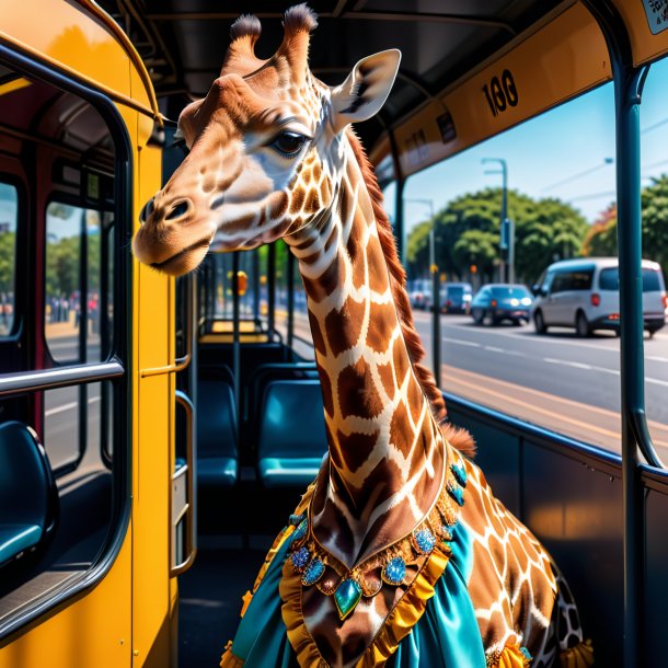 Foto de uma girafa em um vestido no ponto de ônibus