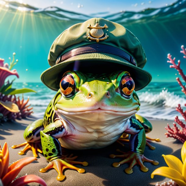 Photo of a frog in a cap in the sea