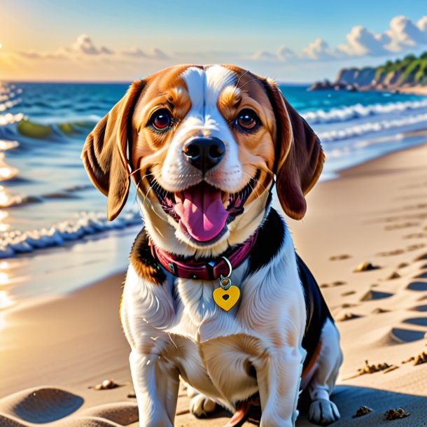 Image of a smiling of a beagle on the beach