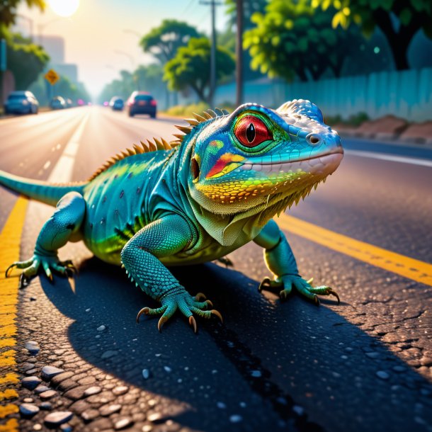 Imagem de um choro de um lagarto na estrada