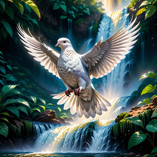 Illustration of a dove in a vest in the waterfall