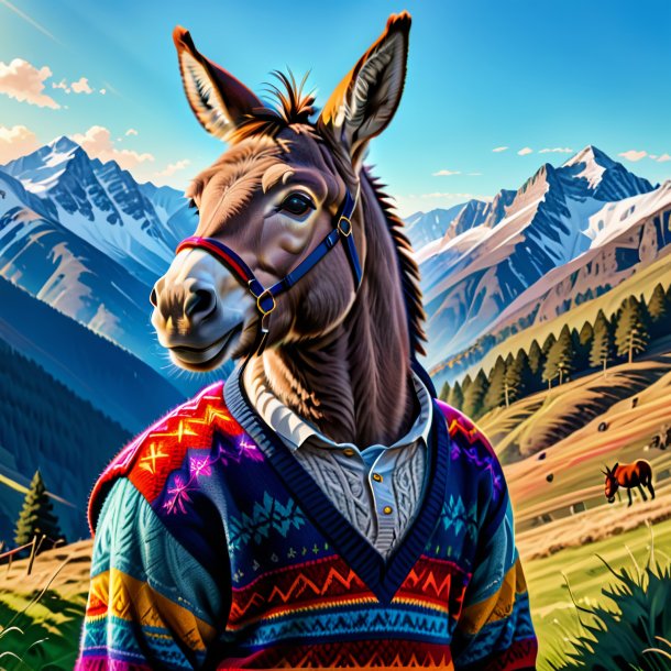 Drawing of a donkey in a sweater in the mountains