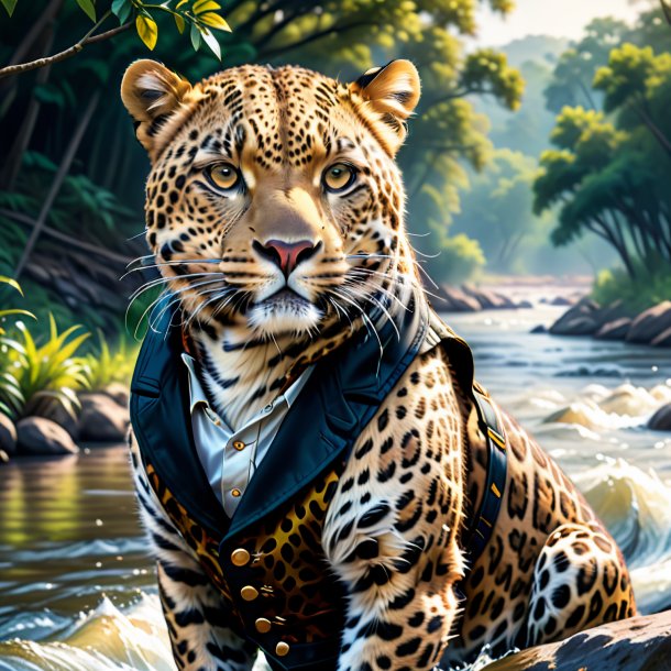 Ilustração de um leopardo em um colete no rio