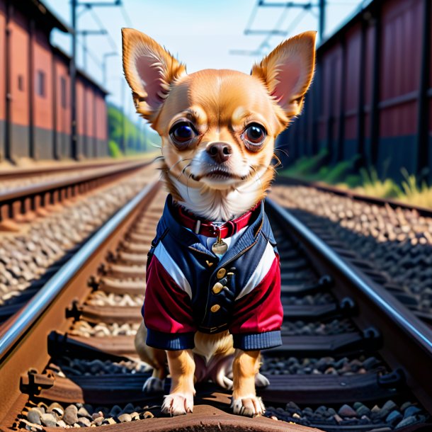 Photo of a chihuahua in a trousers on the railway tracks