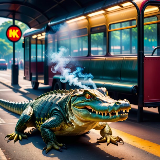 Foto de um fumo de um crocodilo na parada de ônibus