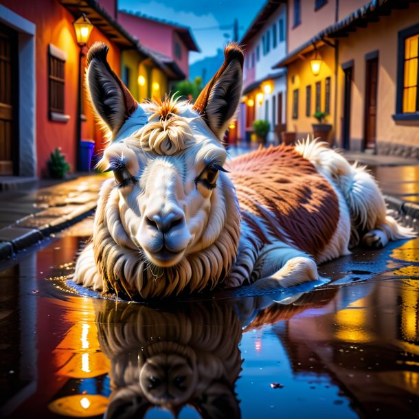 Photo of a sleeping of a llama in the puddle