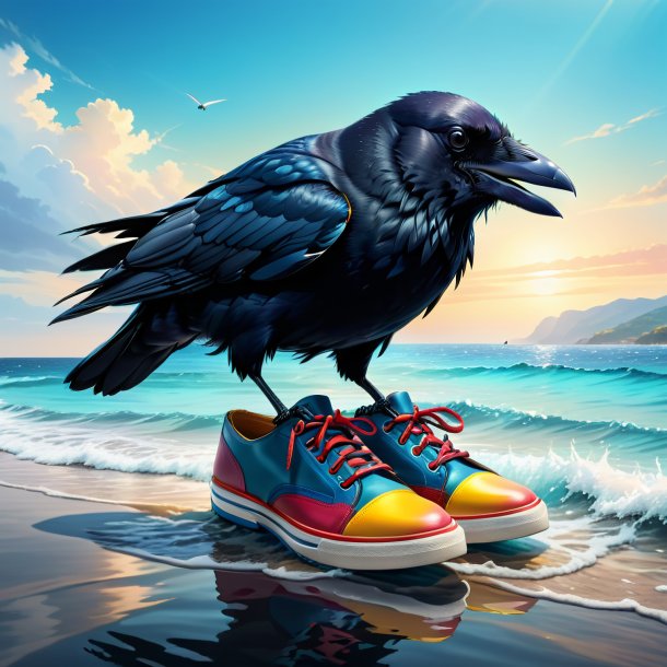 Illustration of a crow in a shoes in the sea