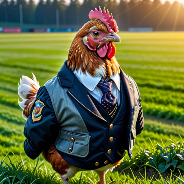 Picture of a hen in a jacket on the field