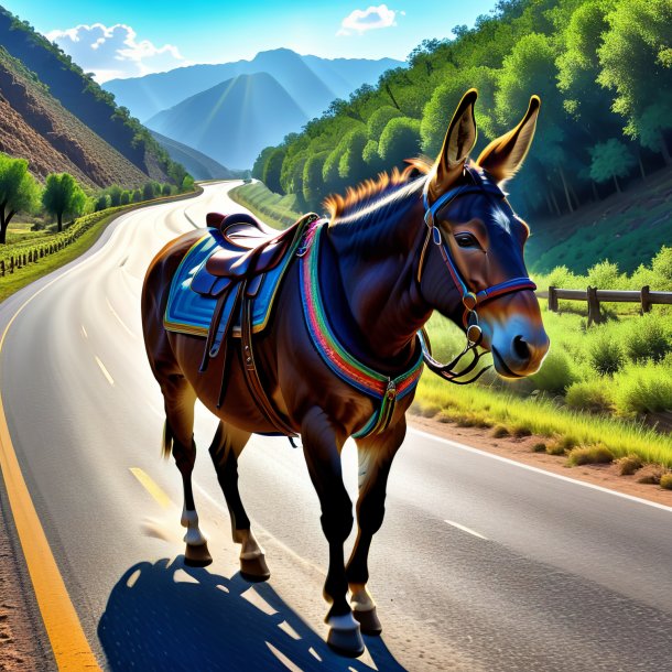 Drawing of a mule in a belt on the road