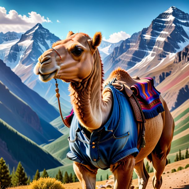 Image of a camel in a jeans in the mountains