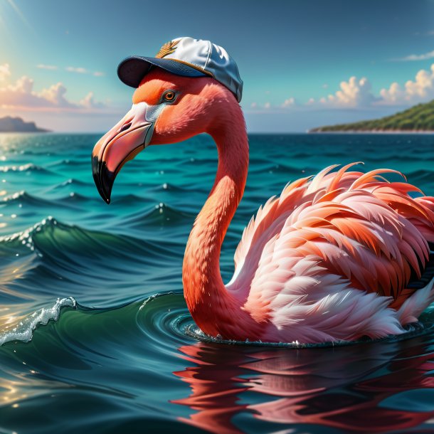 Drawing of a flamingo in a cap in the sea