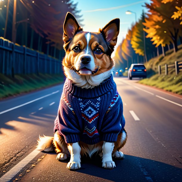 Illustration of a dog in a sweater on the road