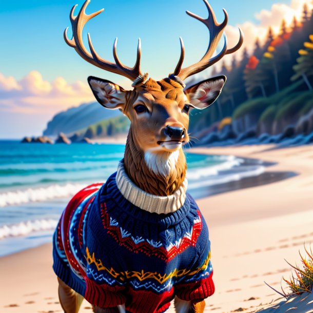 Photo of a deer in a sweater on the beach