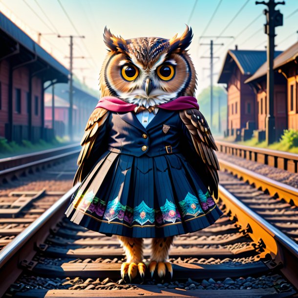 Picture of a owl in a skirt on the railway tracks