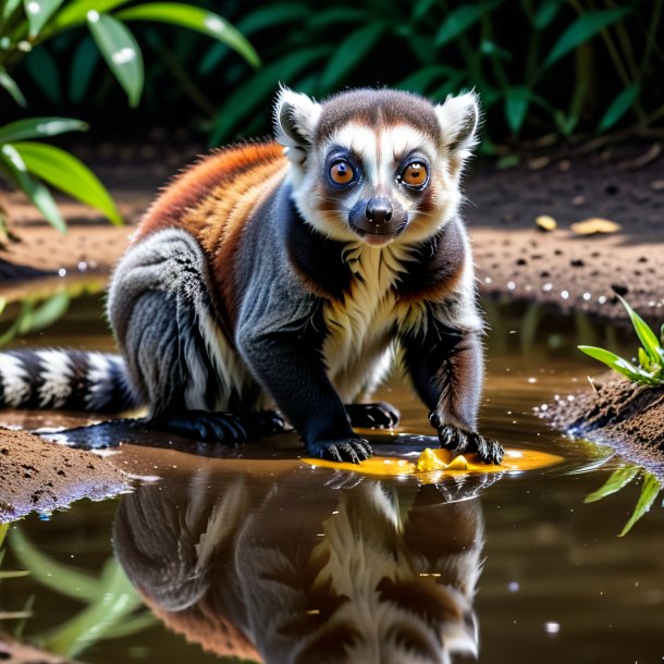 Foto de una comida de un lémur en el charco