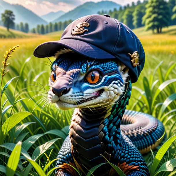 Photo of a cobra in a cap in the meadow