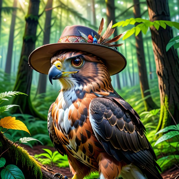 Drawing of a hawk in a hat in the forest