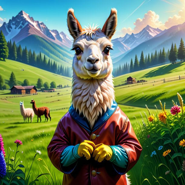 Drawing of a llama in a gloves in the meadow