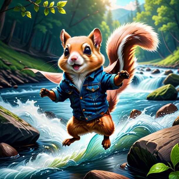 Illustration of a flying squirrel in a jeans in the river