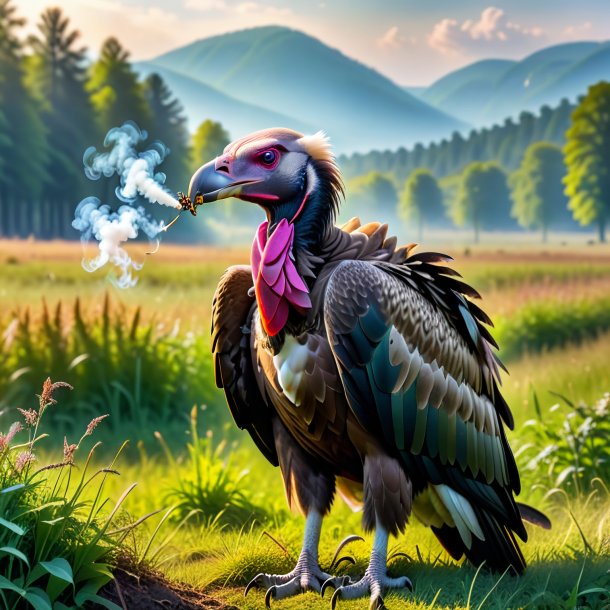 Pic of a smoking of a vulture in the meadow