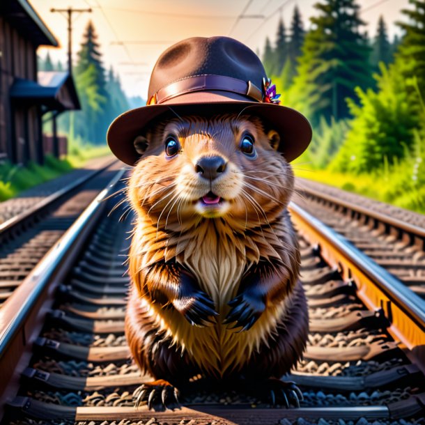 Foto de un castor en un sombrero en las vías del tren