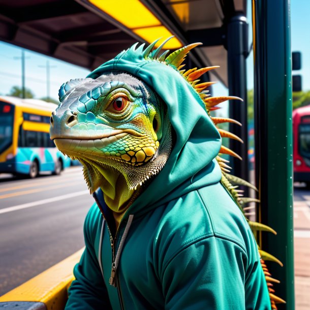 Imagen de una iguana en una sudadera con capucha en la parada de autobús