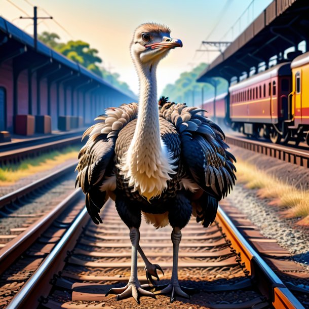 Drawing of a ostrich in a vest on the railway tracks