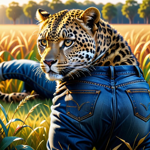 Dibujo de un leopardo en un jeans en el campo