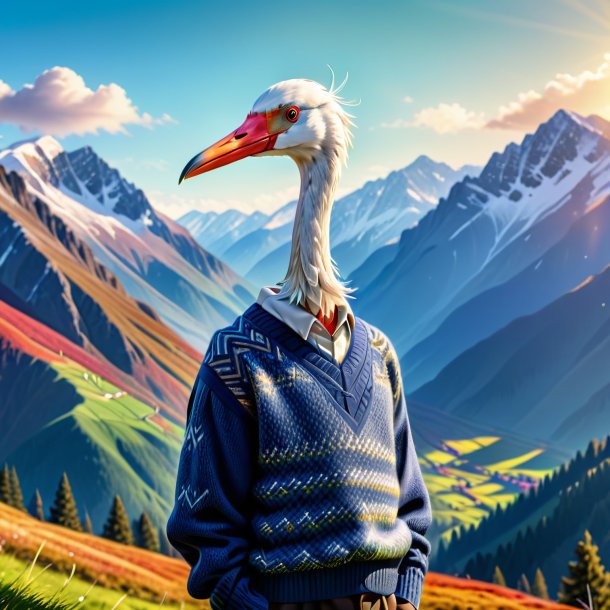 Image d'une cigogne dans un pull dans les montagnes