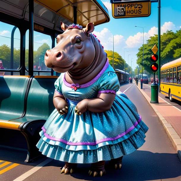 Pic d'un hippopotamus dans une robe sur l'arrêt de bus