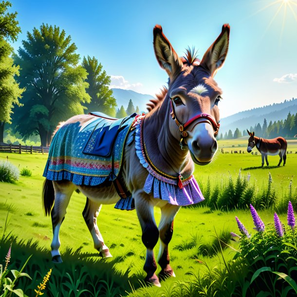 Pic of a donkey in a skirt in the meadow