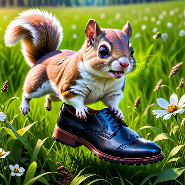 Image of a flying squirrel in a shoes in the meadow