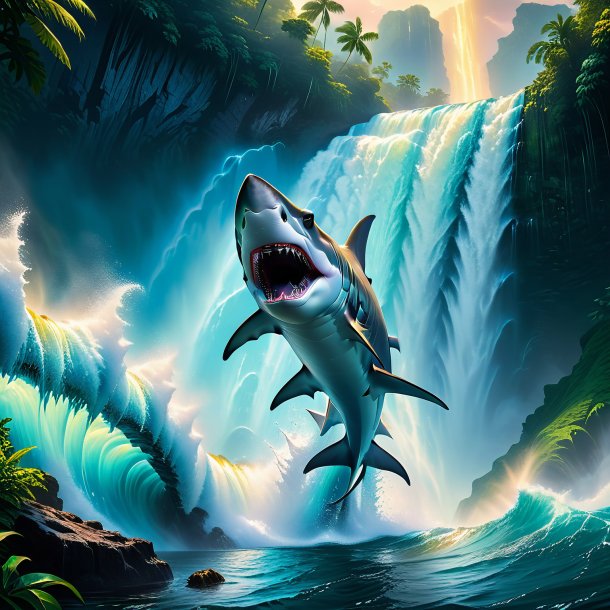 Image of a threatening of a hammerhead shark in the waterfall