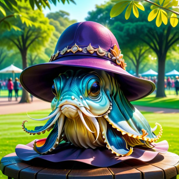 Drawing of a cuttlefish in a hat in the park