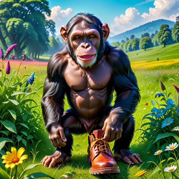 Photo of a chimpanzee in a shoes in the meadow