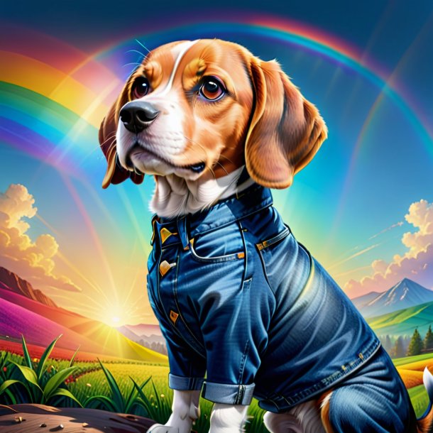 Drawing of a beagle in a jeans on the rainbow