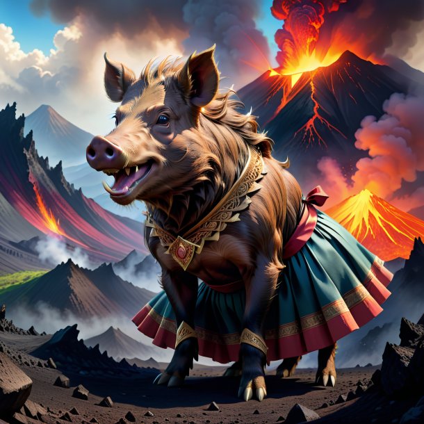 Drawing of a boar in a skirt in the volcano