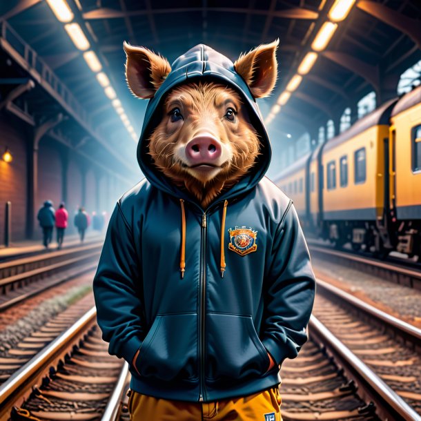 Picture of a boar in a hoodie on the railway tracks