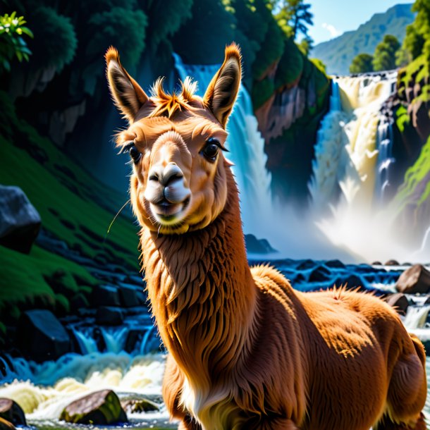 Foto de uma raiva de uma lhama na cachoeira