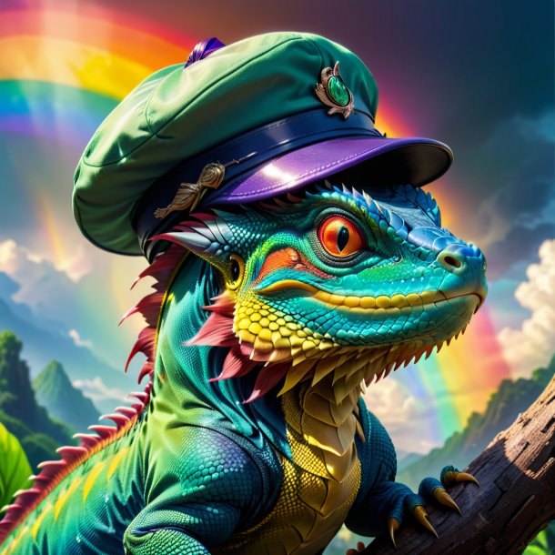 Photo of a basilisk in a cap on the rainbow