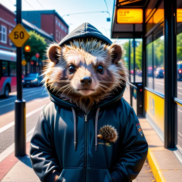 Foto de um porco-espinho em um hoodie no ponto de ônibus