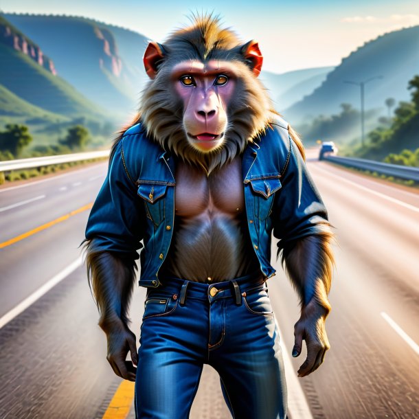 Image of a baboon in a jeans on the highway