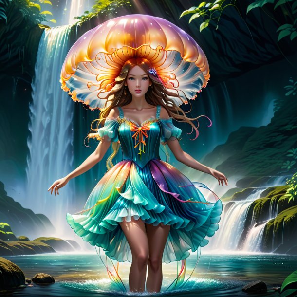 Illustration of a jellyfish in a dress in the waterfall