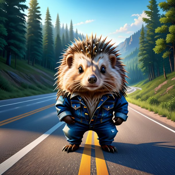 Illustration of a porcupine in a jeans on the road