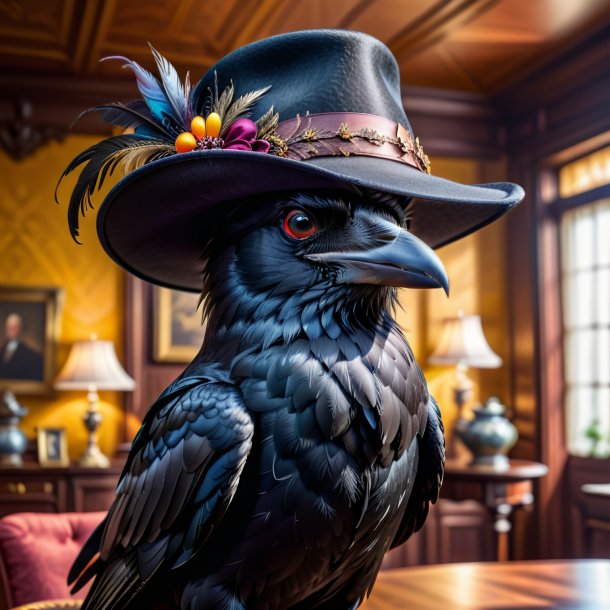 Photo of a crow in a hat in the house