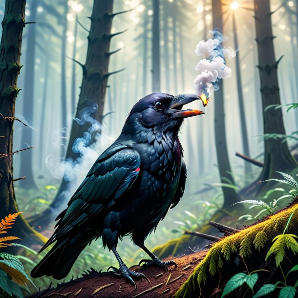 Pic of a smoking of a crow in the forest