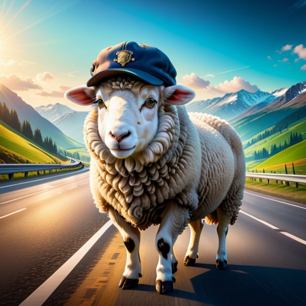 Illustration d'un mouton dans une casquette sur l'autoroute