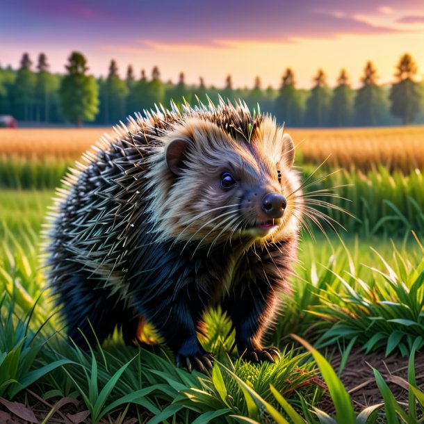 Image of a waiting of a porcupine on the field